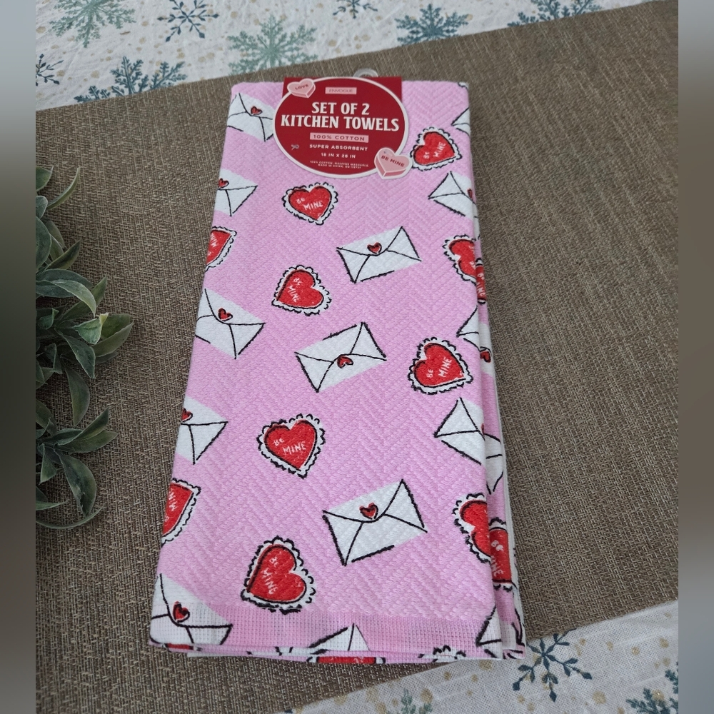 Envogue Pink Kitchen Towels with Red Hearts and White Envelopes